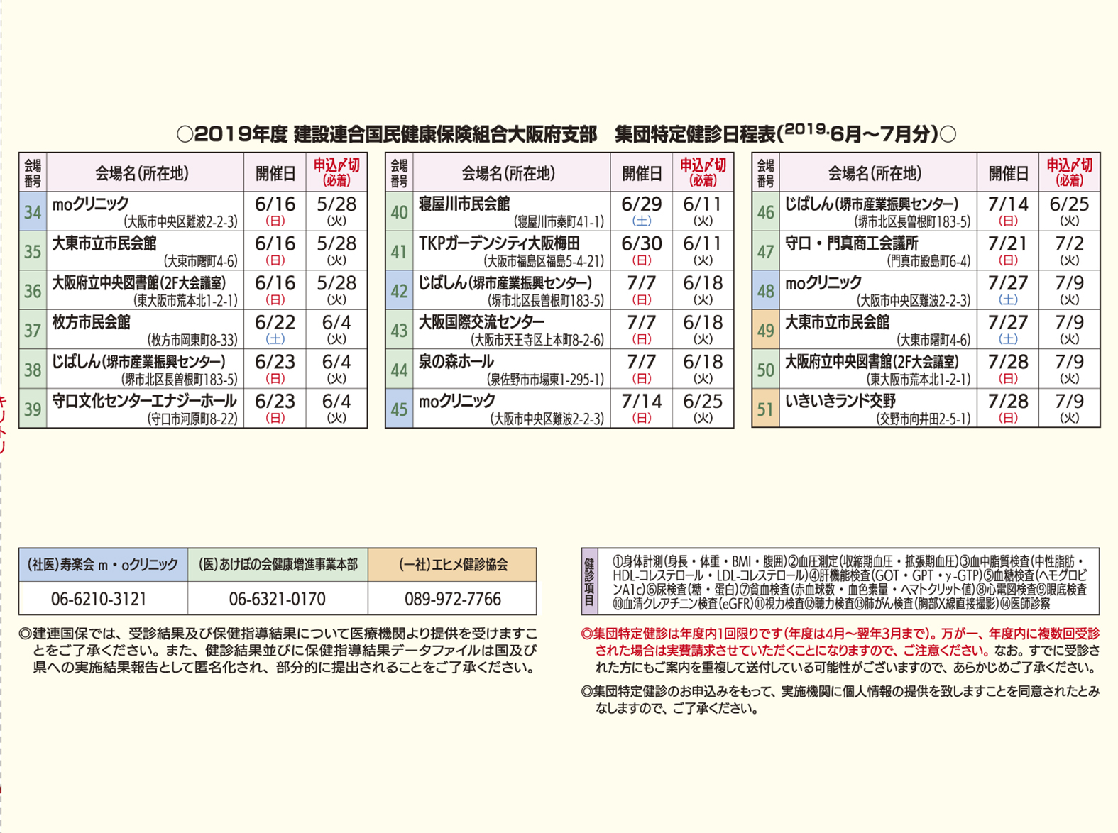 お知らせ 大阪府建設組合 2019年度集団特定健診開催のお知らせ 全国建設組合連合運営協議会加盟 建設組合